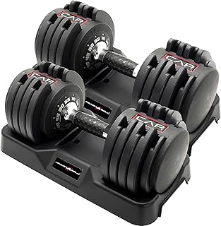 Heavier adjustable dumbbells set on Amazon with compact cradle